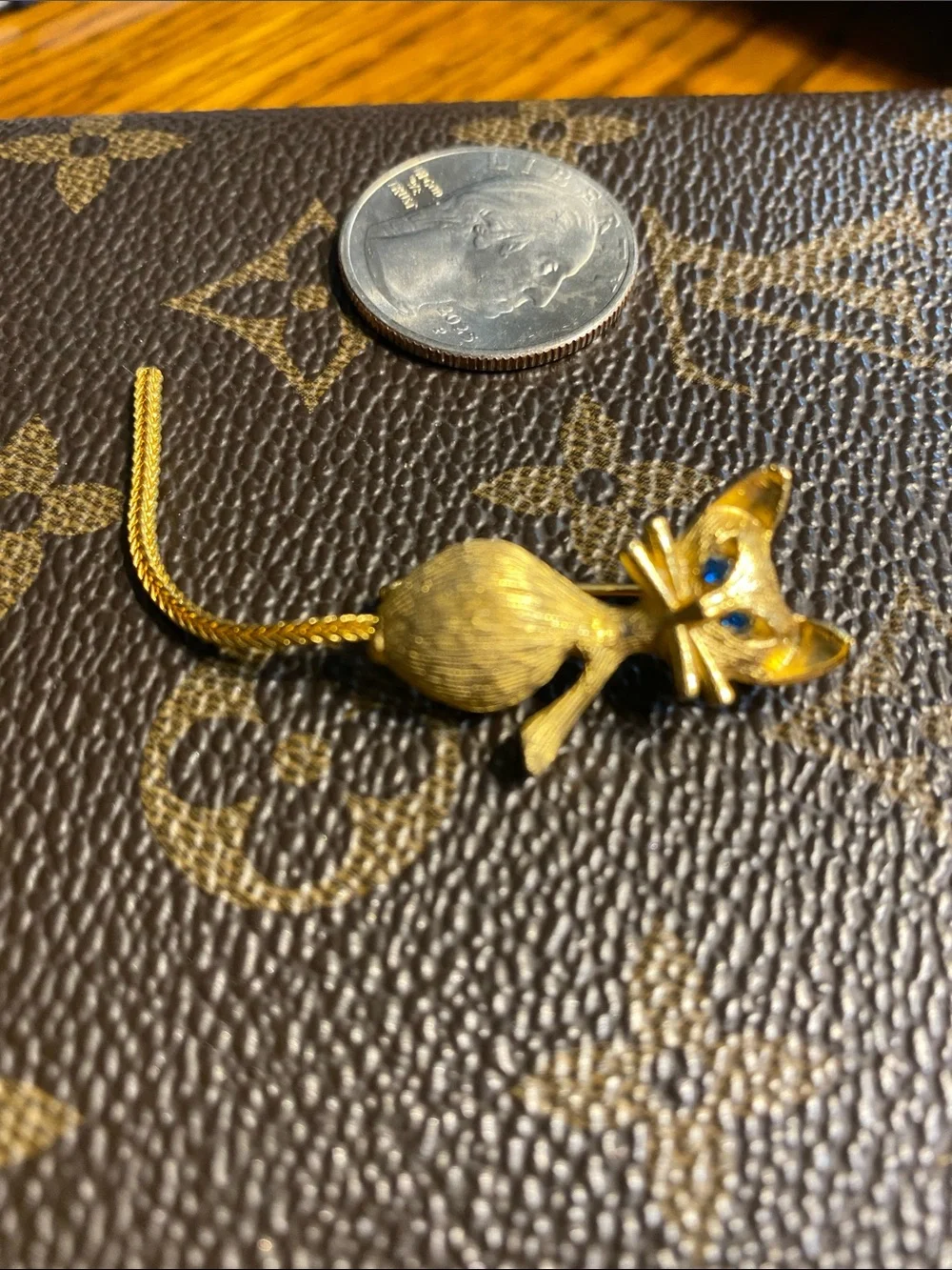Vintage Whimsical Textured Gold Cat Pin Blue Rhinestone Eyes Articulated Tail
